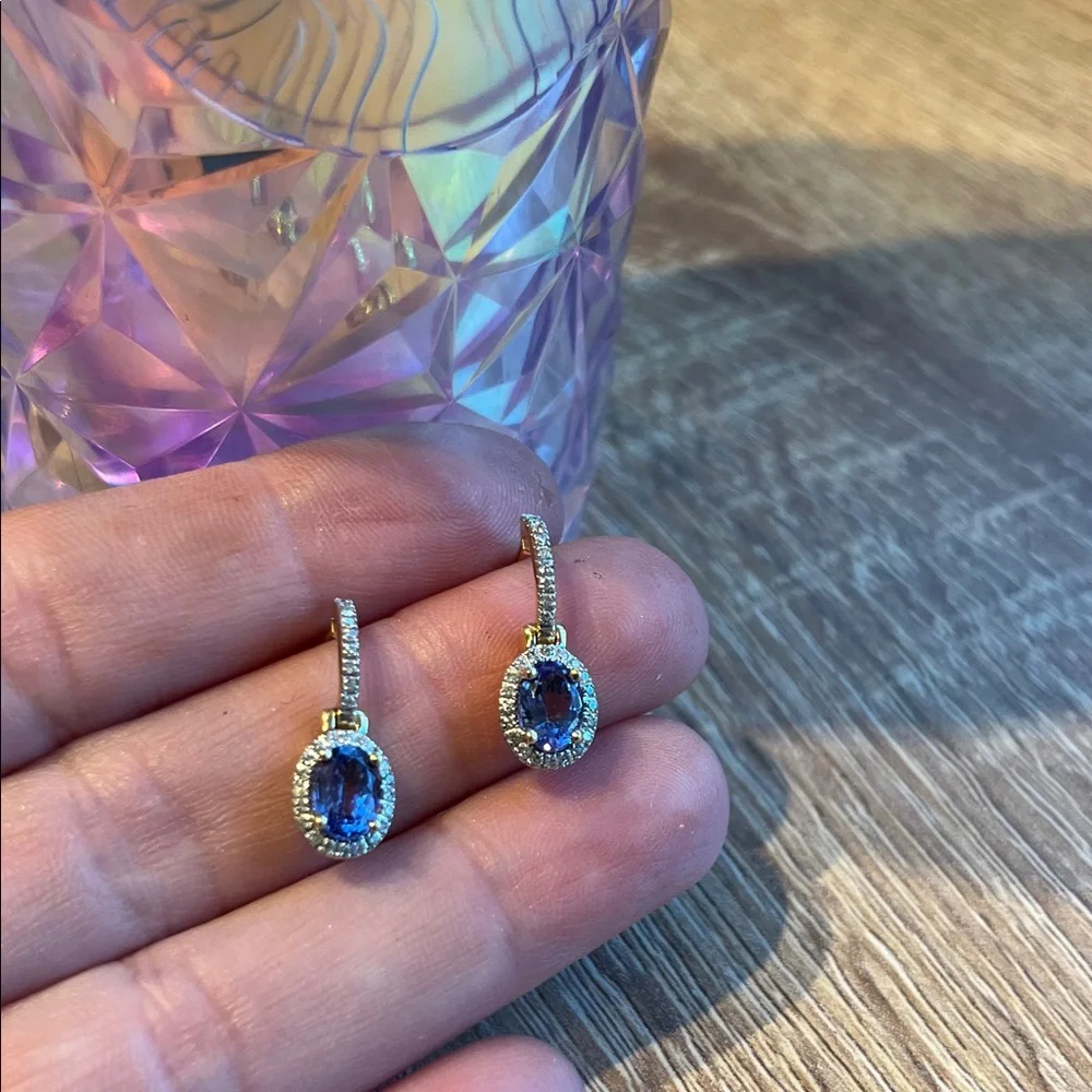 14k Gold diamond tanzanite Drop Earrings. Oval Gemstones with diamond Pavé Halos - Picture 2 of 13